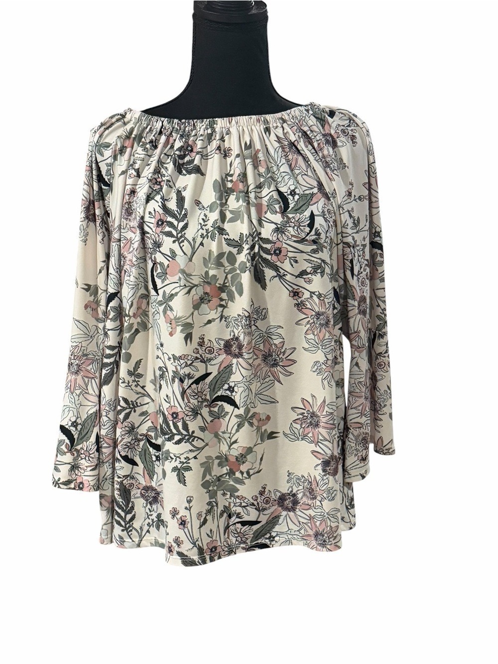 Skye's the Limit Cream Floral Off Shoulder Tunic Pink Green Accents